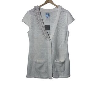 Anthropologie Tabitha 100% Wool Cream Knit Vneck Cap Sleeve Cardigan Size Large
